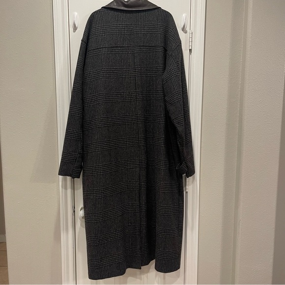 Vtg EDDIE BAUER Wool Glenn Plaid Leather Trim Overcoat Trench Coat MENS XL - Picture 2 of 9